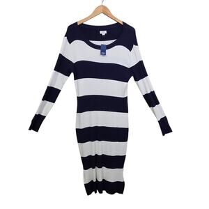 Crown & Ivy Ribbed Sweater Midi Dress Navy White Striped Bodycon SZ M Preppy NWT